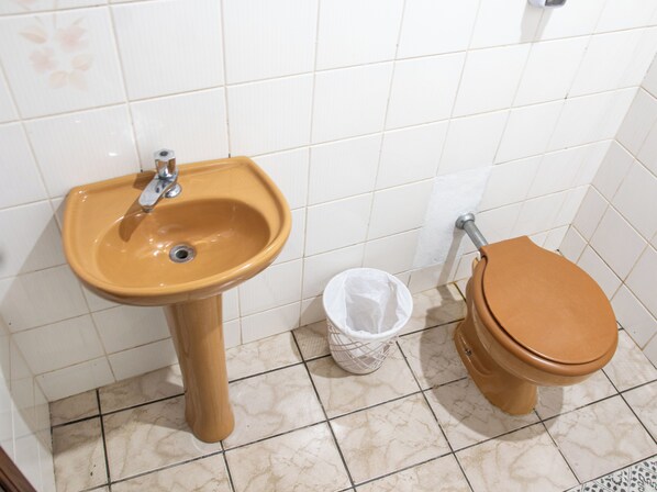 A bathroom with a sink, toilet, and trash bin. - Recanto da Rose Guesthouse (Caraguatatuba)