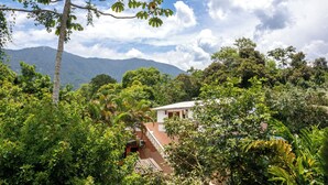 A house surrounded by lush greenery and mountains in the background. - Recanto da Rose Guesthouse (Caraguatatuba)