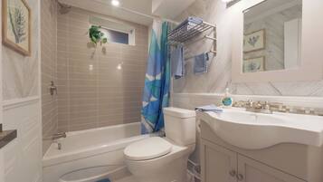Shower, hair dryer, bidet, towels
