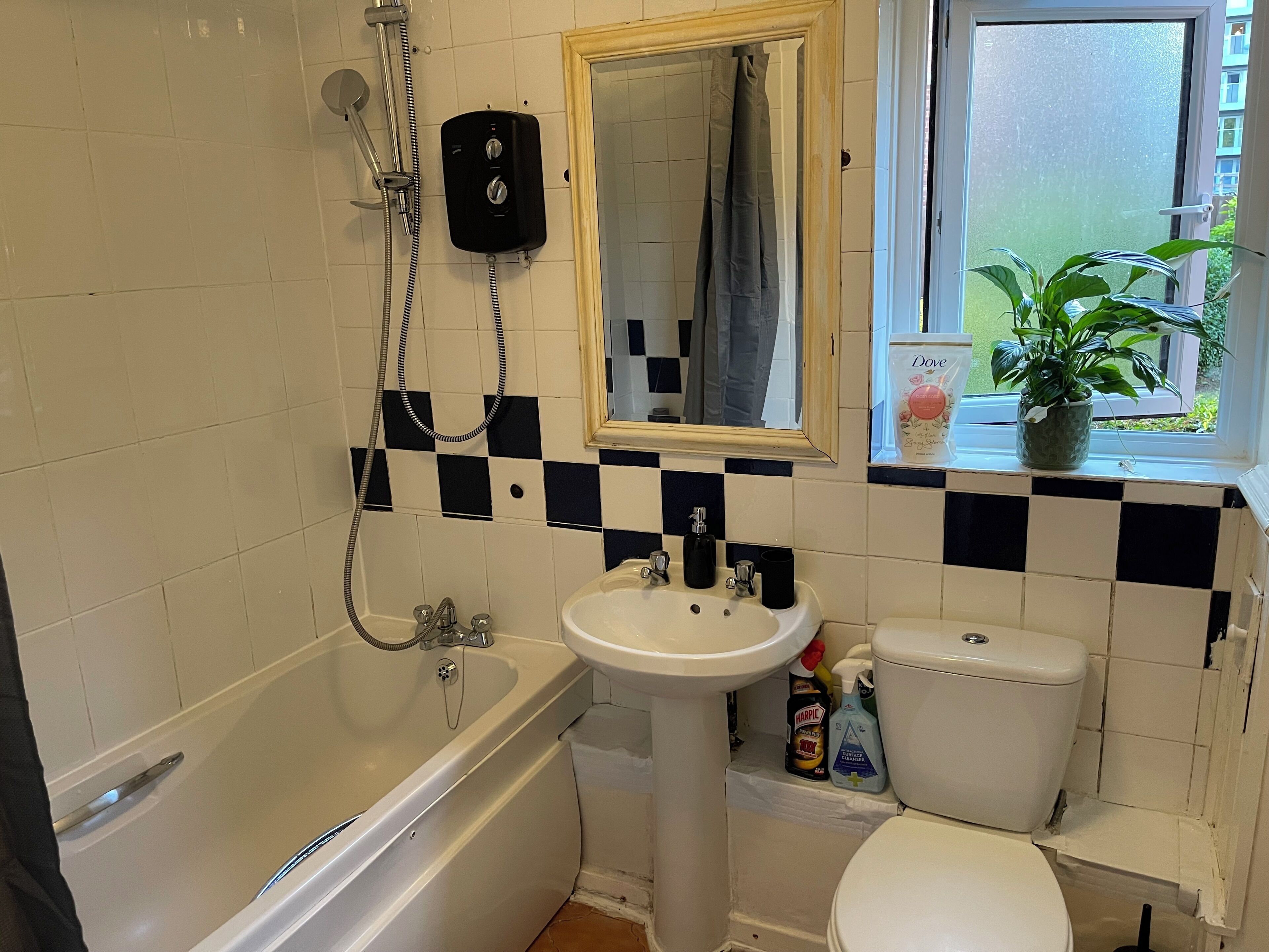 Hair dryer, towels, soap, shampoo