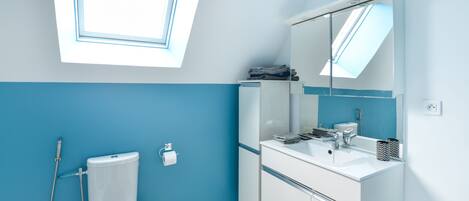 Un bagno con servizi igienici, lavandino e specchio.