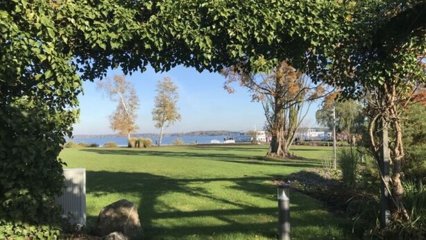 Un parc avec une zone herbeuse, des arbres et une étendue d’eau en arrière-plan.