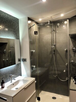 Hair dryer, bidet, towels, soap