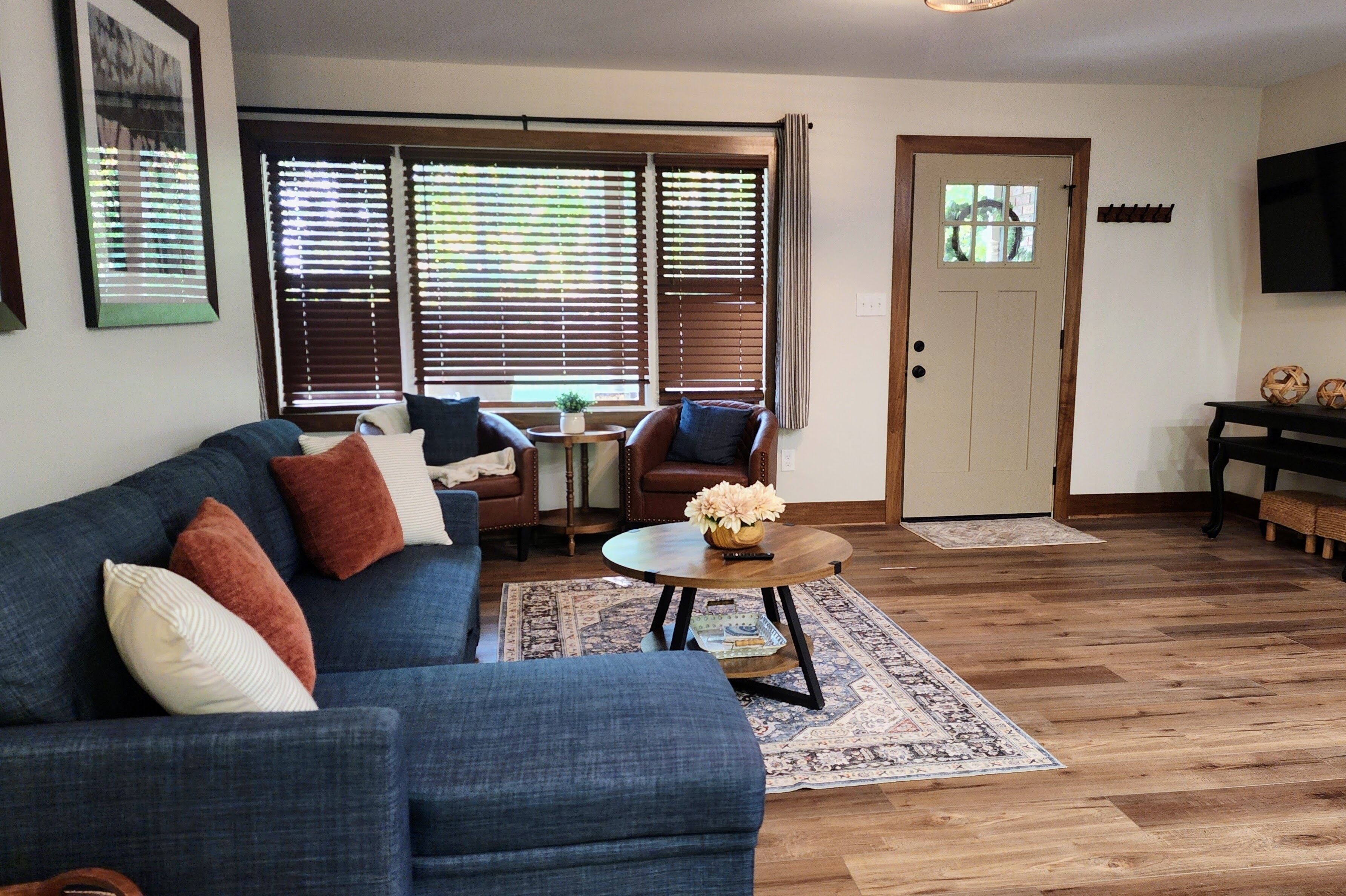 Smart TV, DVD player, foosball, books