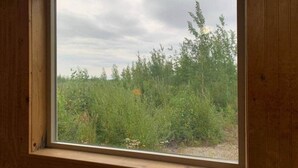 Een raam met uitzicht op een natuurlandschap.