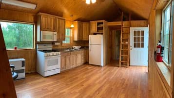 Een koelkast, een microgolfoven, een oven, een kookplaat