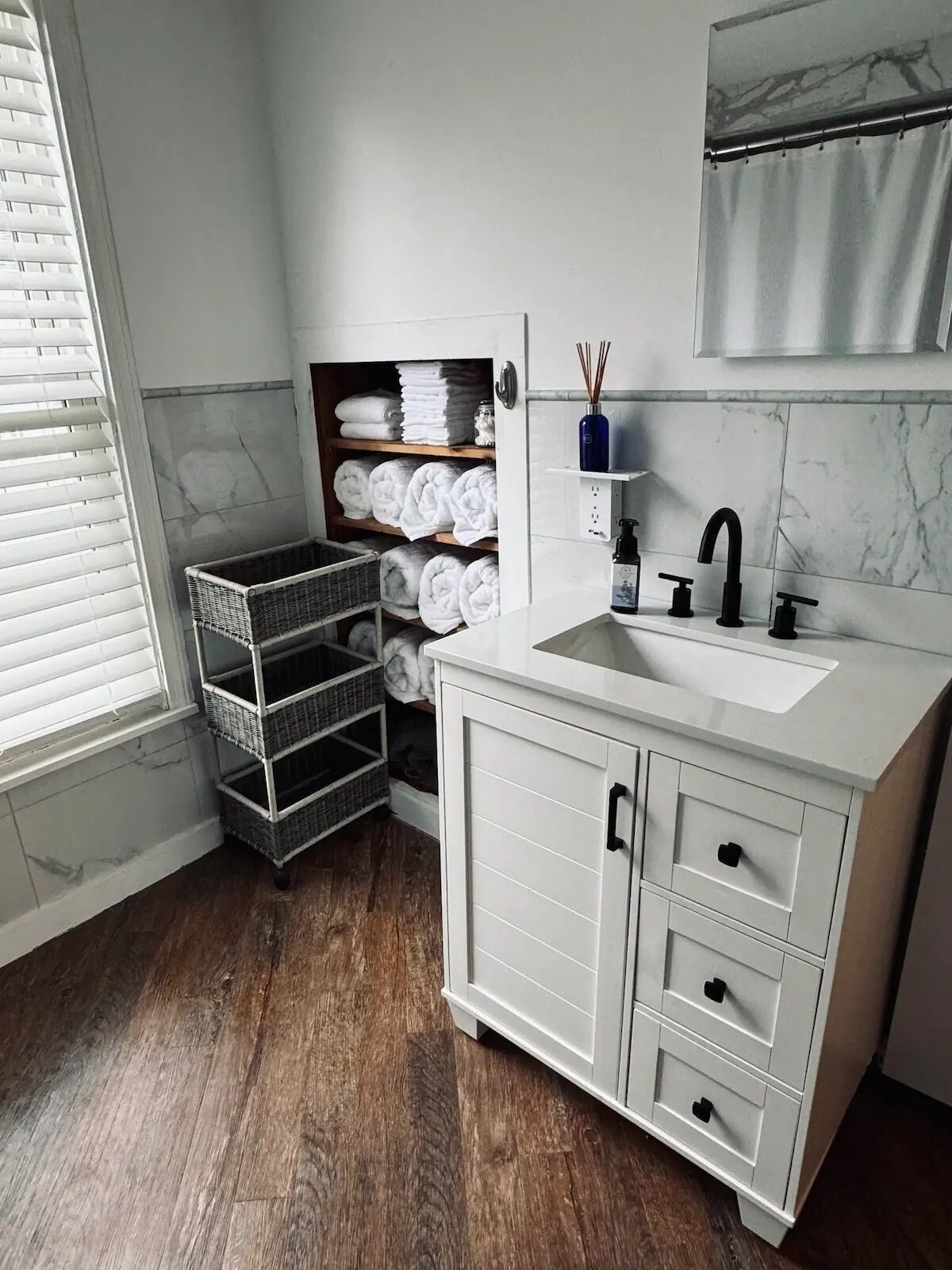 Hair dryer, towels, soap, shampoo