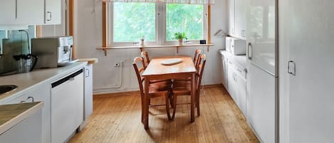 Fridge, stovetop, dishwasher, coffee/tea maker