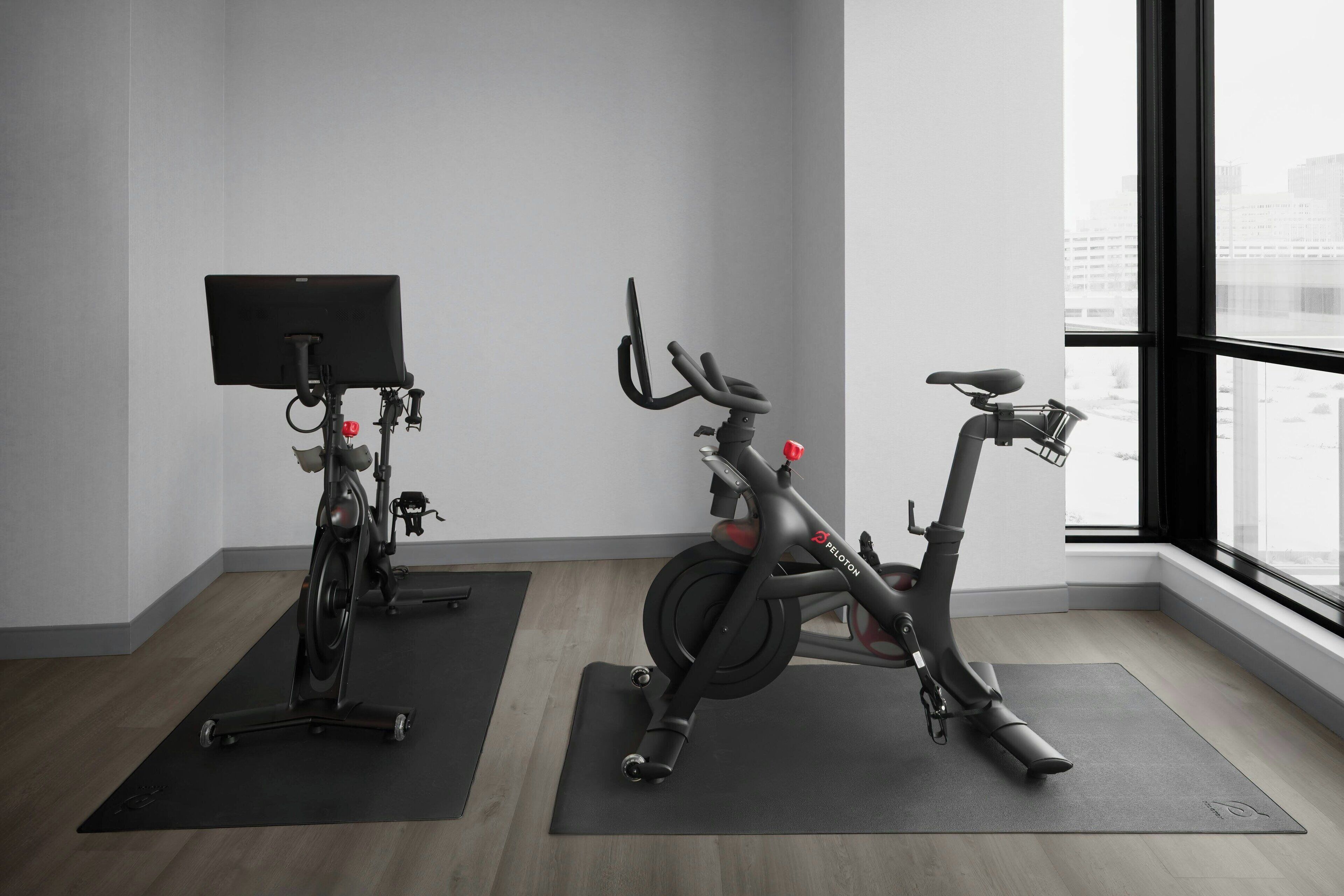 Deux vélos d’appartement sont placés sur des tapis de sol dans une pièce dotée d’une grande fenêtre.