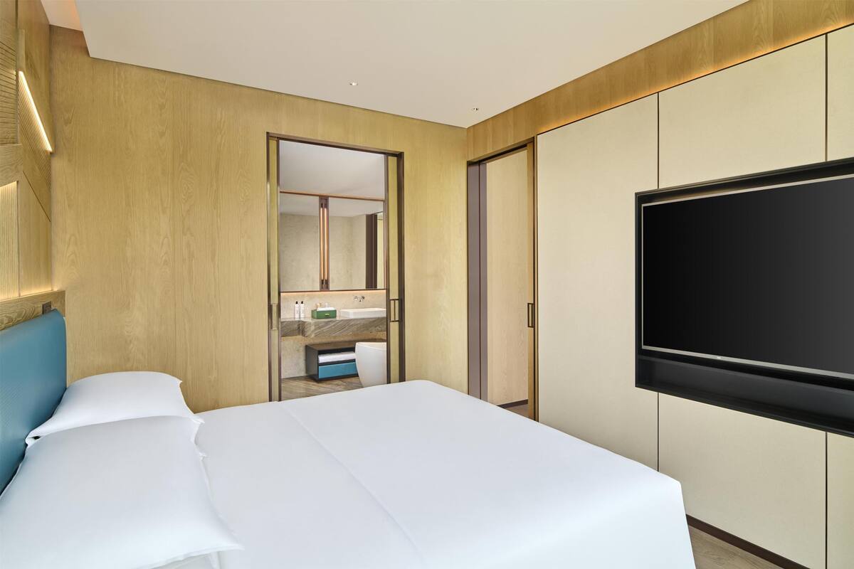 A hotel room with a bed, a TV, a bathroom with a mirror, and a wooden wall.