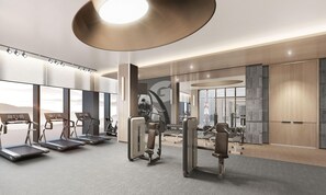 A modern gym with treadmills, elliptical machines, and weight equipment. - Chongqing Lijia Baiyun Lake Hotel, Curio Collection Hilton (Chongqing)