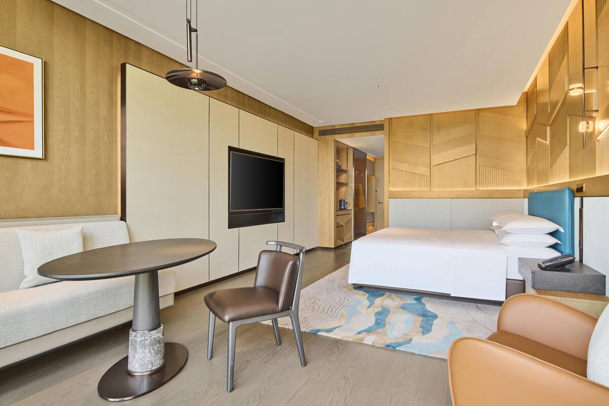 A modern hotel room with a sofa, a round table, a chair, a bed, a TV, and a wardrobe.
