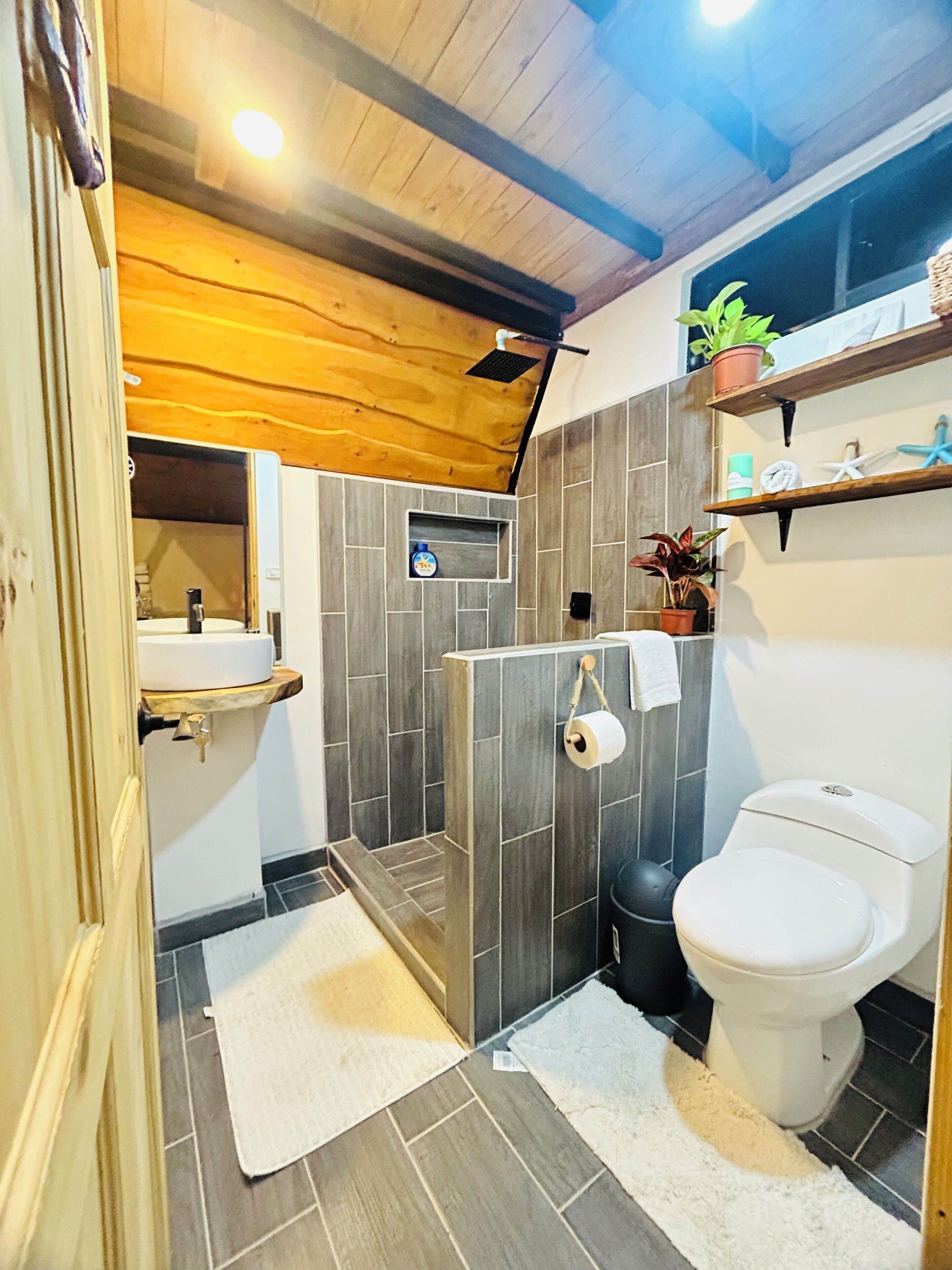 Baño con ducha, inodoro, lavamanos y techo de madera.