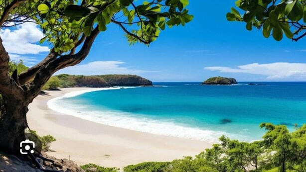 Une plage aux eaux turquoise et limpides, bordée d’un rivage sablonneux et d’une végétation luxuriante.