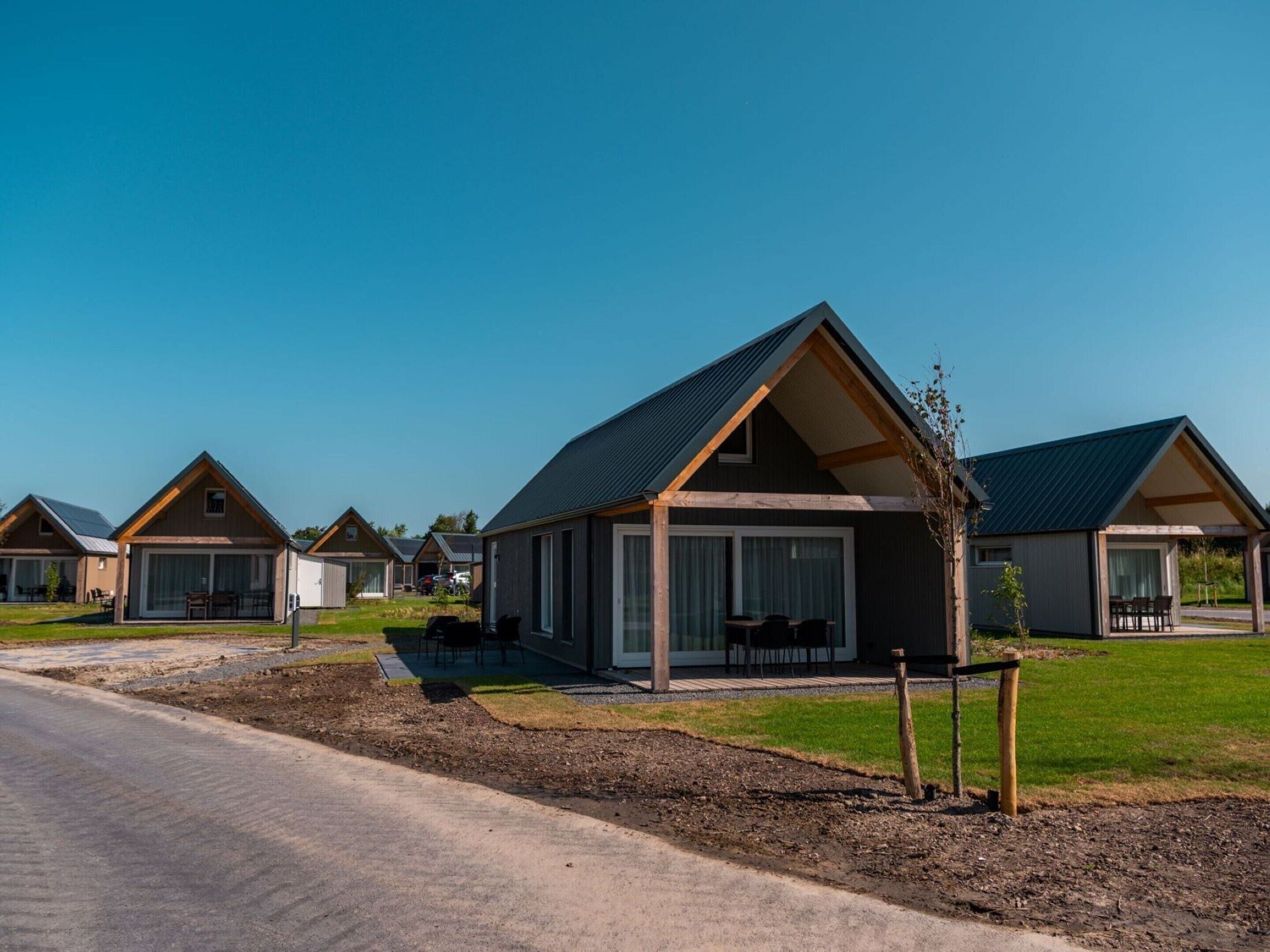 A row of modern, single-story cottages with large windows and a flat roof, each with a small patio area.