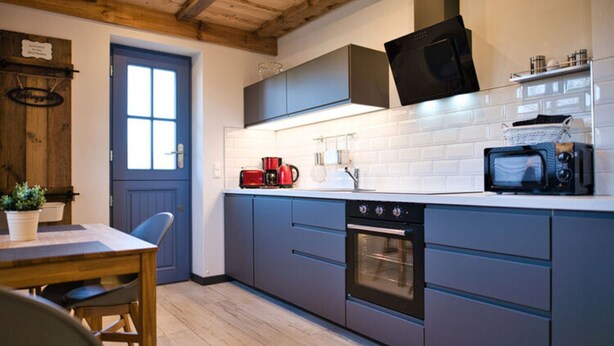A modern kitchen with grey cabinets, a built-in oven, a microwave, and a coffee maker on the counter. - Baltic Sea Barn \"otto\" (Luessow)