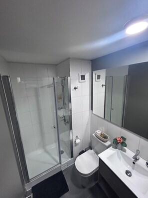 Dusche, Haartrockner, Handtücher, Seife