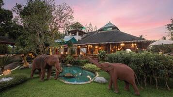 A resort with a pool, two elephants, and a building with a thatched roof.