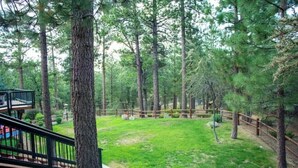 A wooden deck with a black railing overlooking a grassy yard surrounded by tall trees.