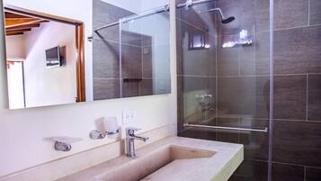 Shower, towels, soap, shampoo