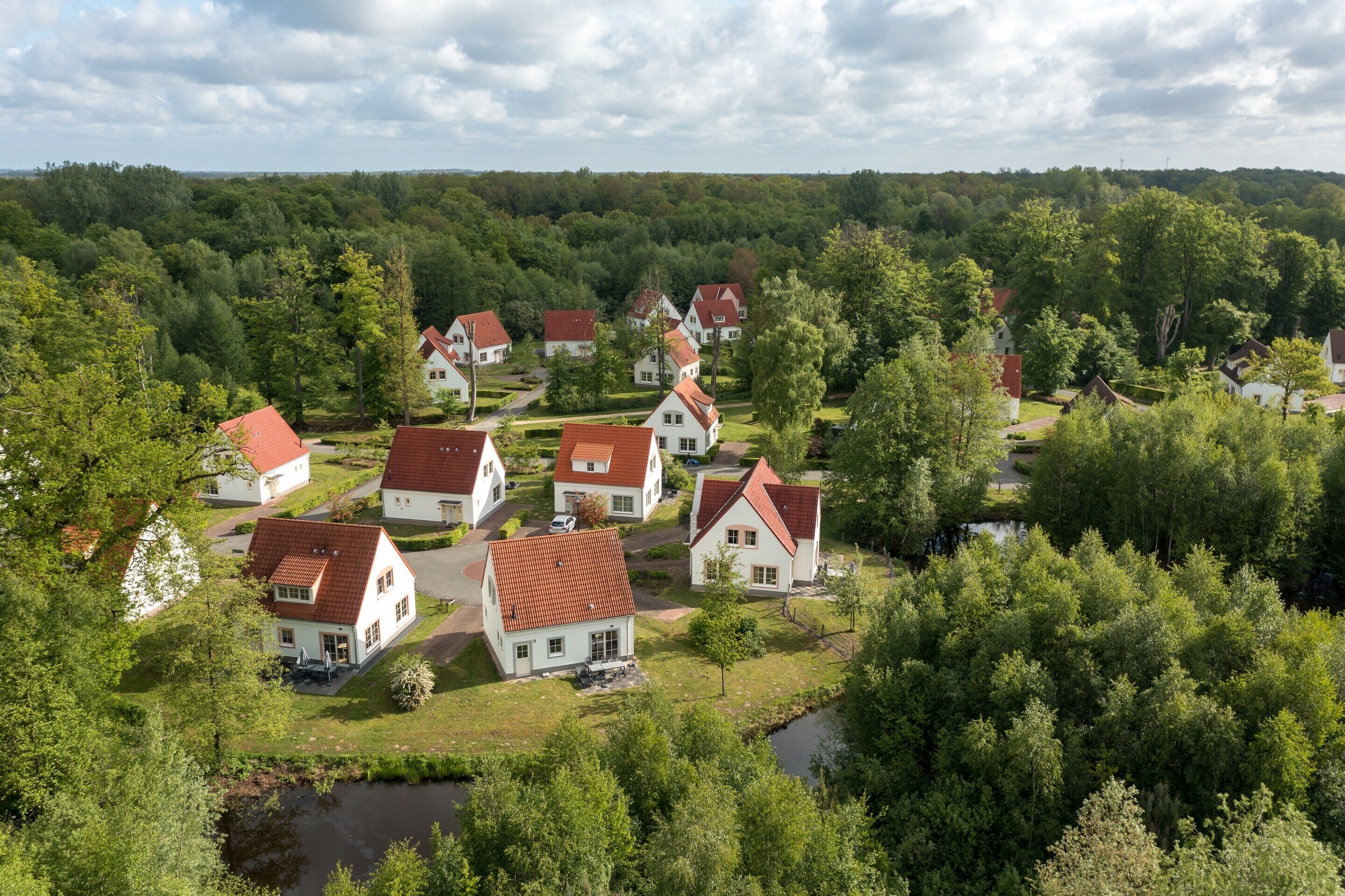 Zona residencial con casas, un río y abundante vegetación.