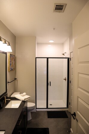Shower, towels, soap, toilet paper - Cozy 1-bedroom apartment in Downtown Dallas. (Dallas)