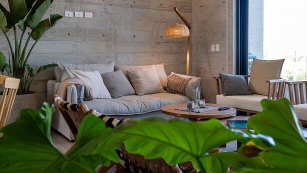 A modern living room with a sofa, armchairs, a coffee table, and a large plant. - Cozy flat w/ Balcony View on the Lagoon, 5min from Kite Point & National Reserve (Paracas)