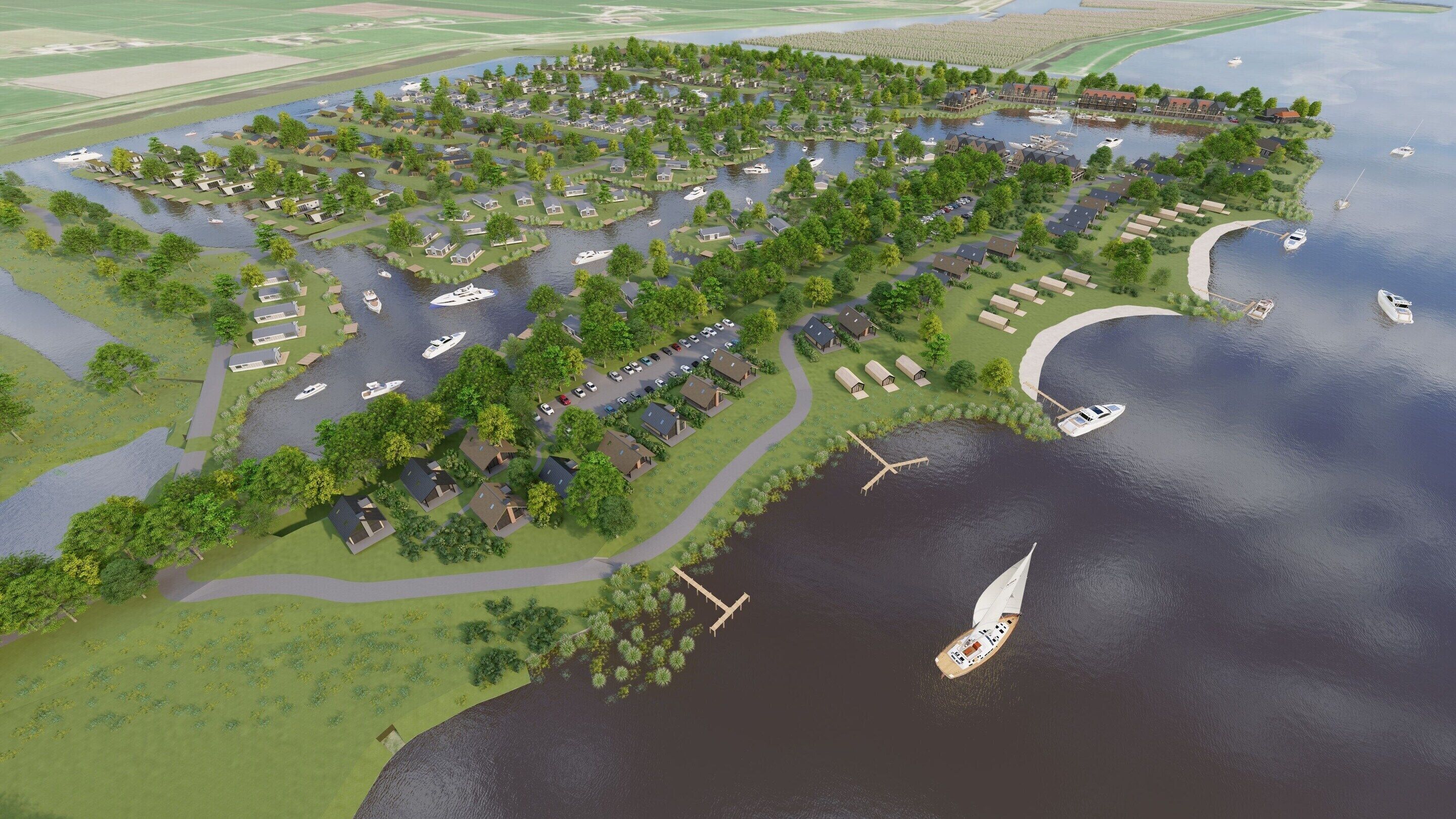 Vue aérienne d’un quartier résidentiel au bord d’un lac, avec des maisons, des bateaux et des quais.