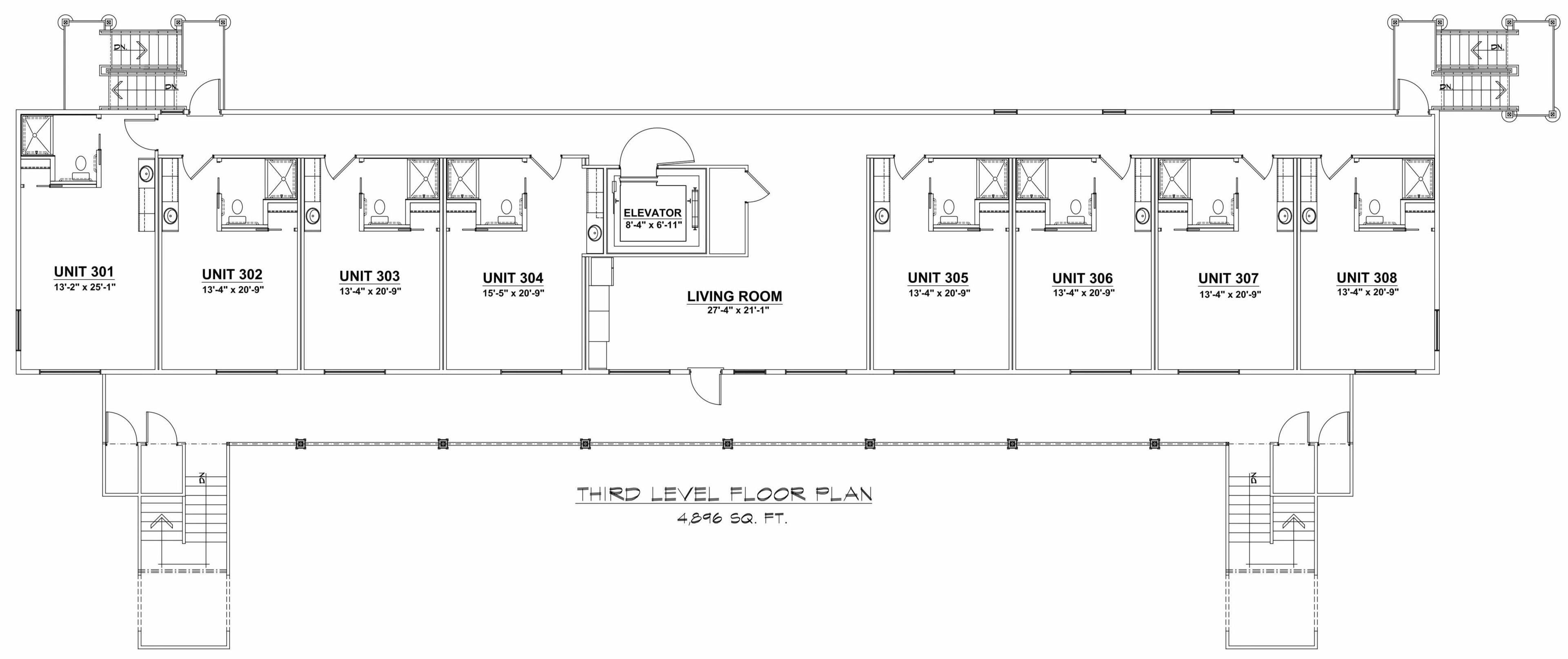 A third-level floor plan of a hotel with multiple units, including living rooms and bedrooms, and a central elevator.