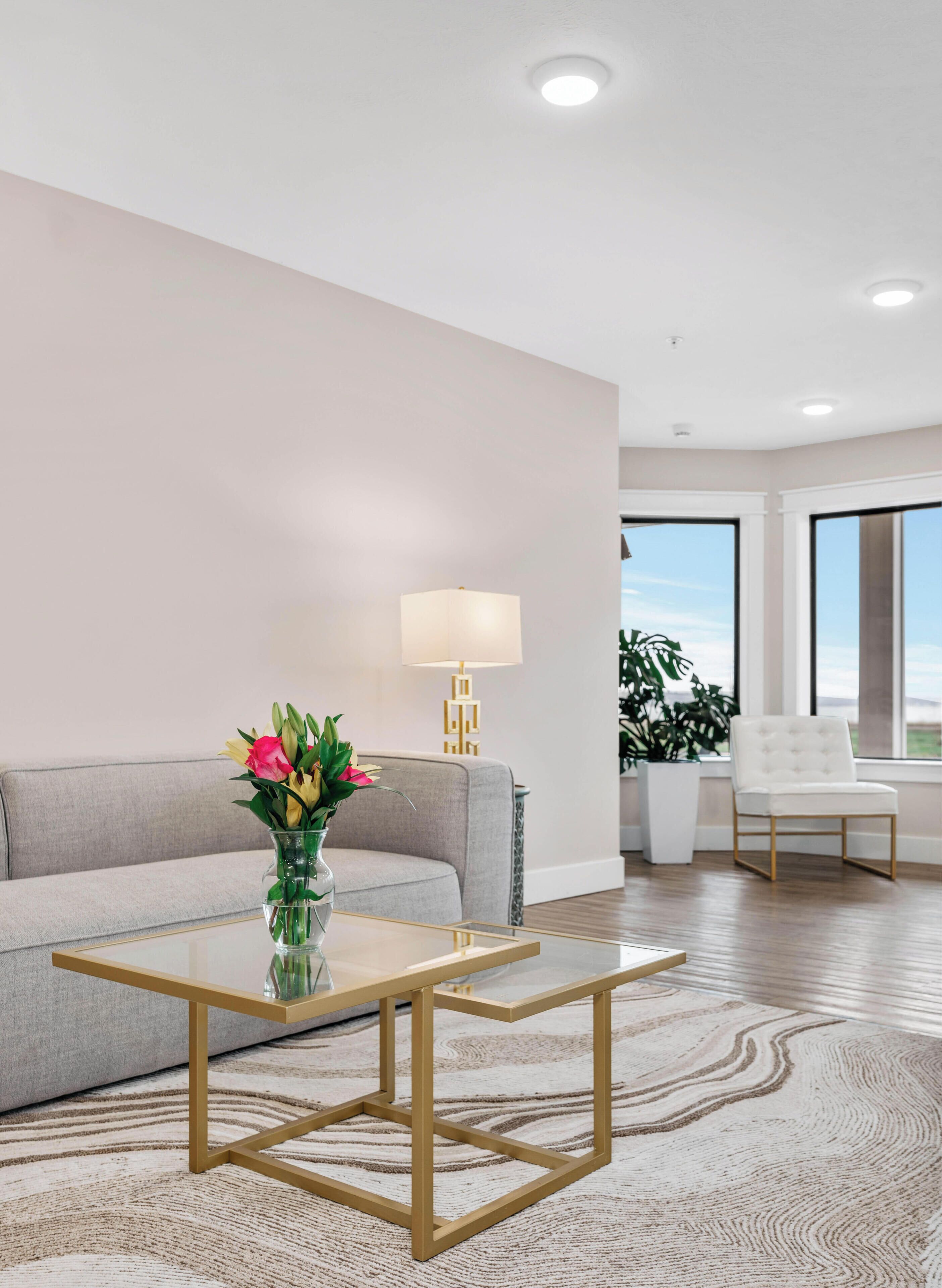 A modern living room with a sofa, a glass coffee table, a lamp, a potted plant, and a white chair.