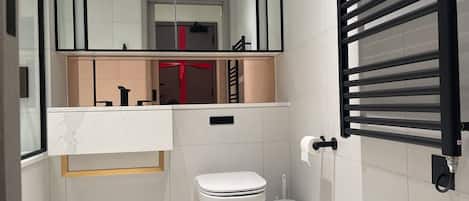 Hair dryer, towels, soap, shampoo