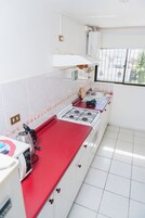 Fridge, oven, electric kettle, toaster