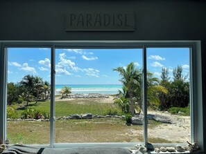 On the beach, sun loungers, beach towels