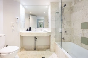 Hair dryer, soap, shampoo, toilet paper