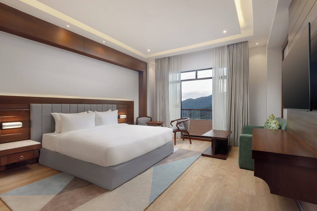 Una habitación de hotel moderna con una cama grande, un escritorio, una silla y vistas a la montaña.