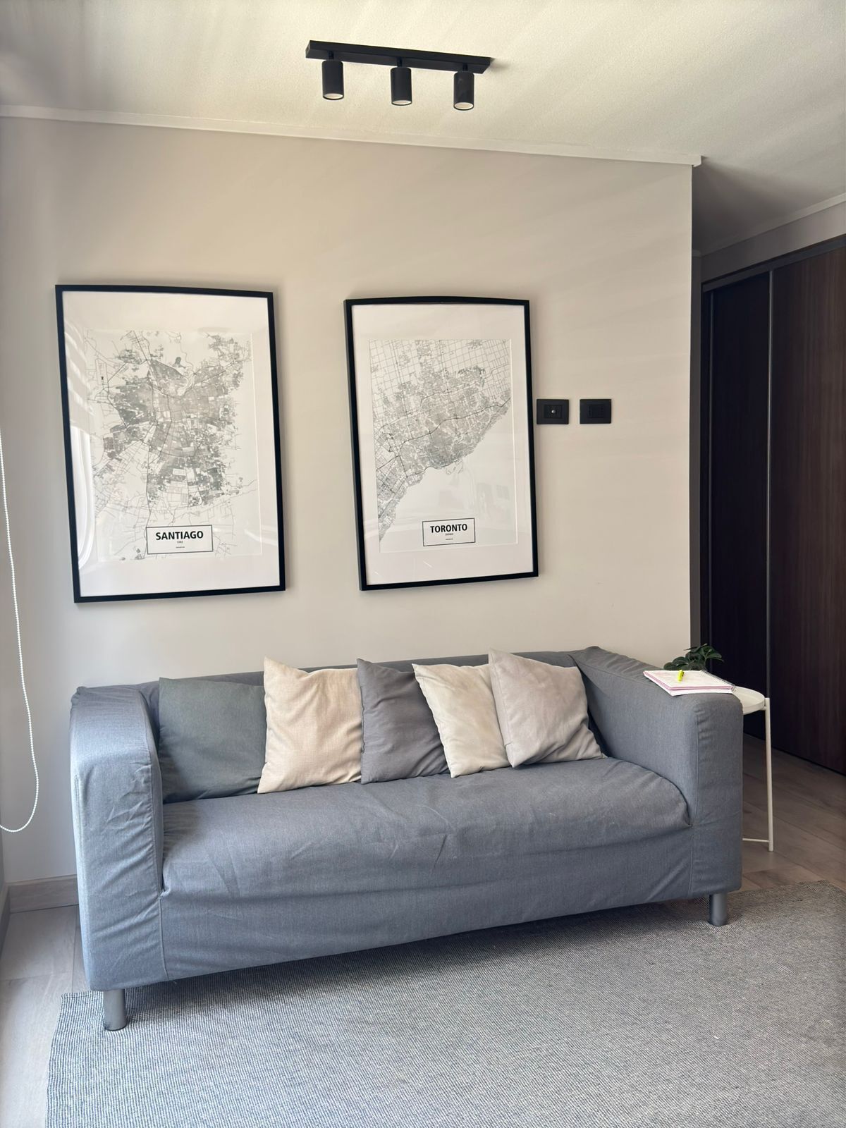A modern living room with a grey sofa, two framed city maps, and a small side table with a plant.
