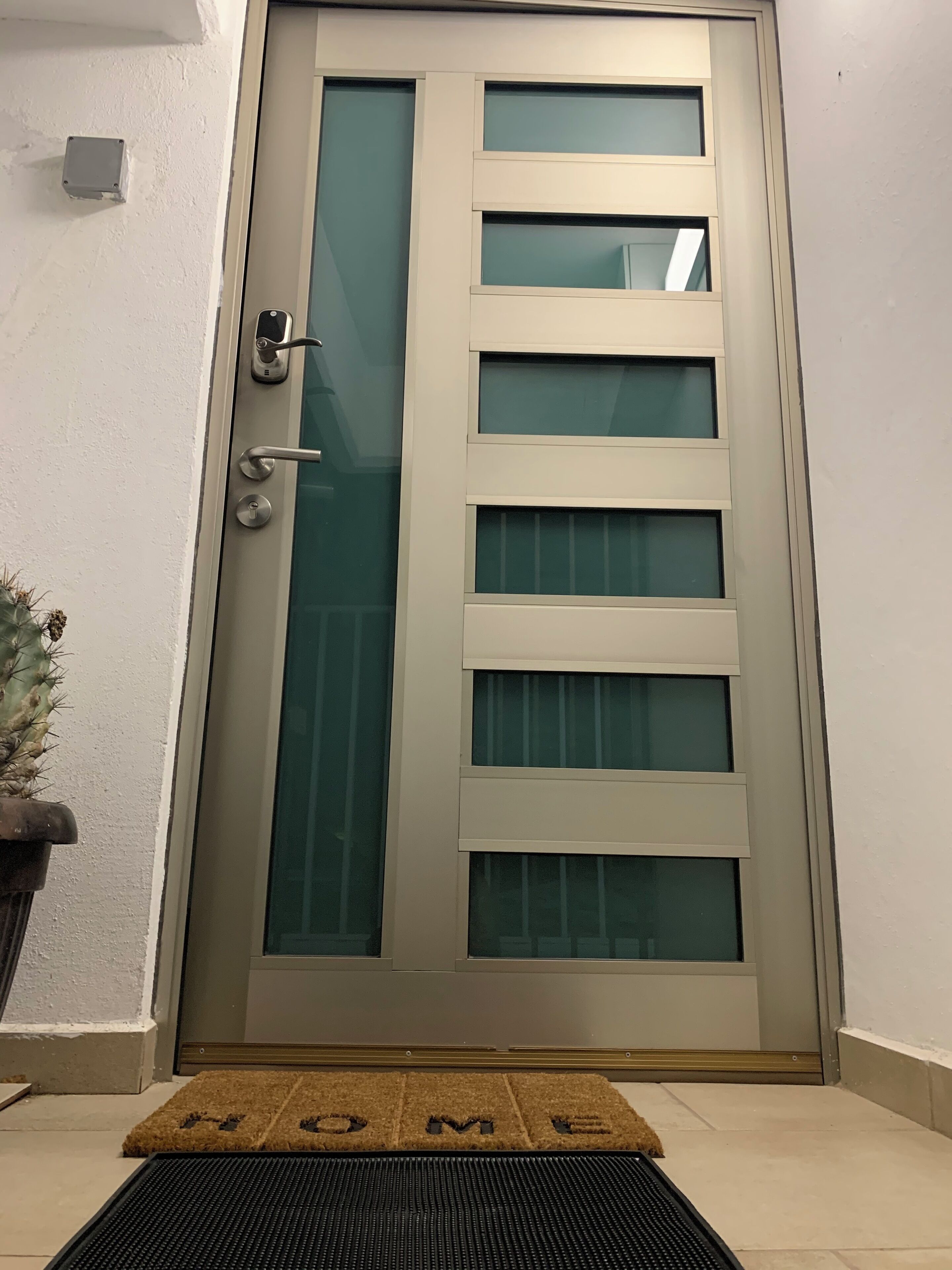 A modern door with a glass panel and a metal handle, a doormat with the word "HOME" on it, and a small potted plant to the left.