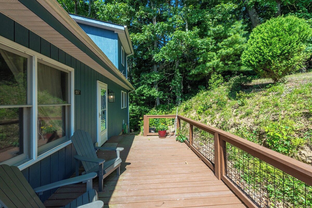 Une terrasse en bois mène à une maison à l’extérieur bleu, qui est entourée de verdure.