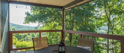 A covered outdoor seating area with a table and chairs, overlooking a lush green landscape.