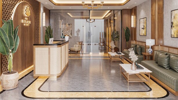 A modern hotel lobby with a reception desk, seating area, and a chandelier. - Yumy Homestay Grand Park City (Ho Chi Minh City)