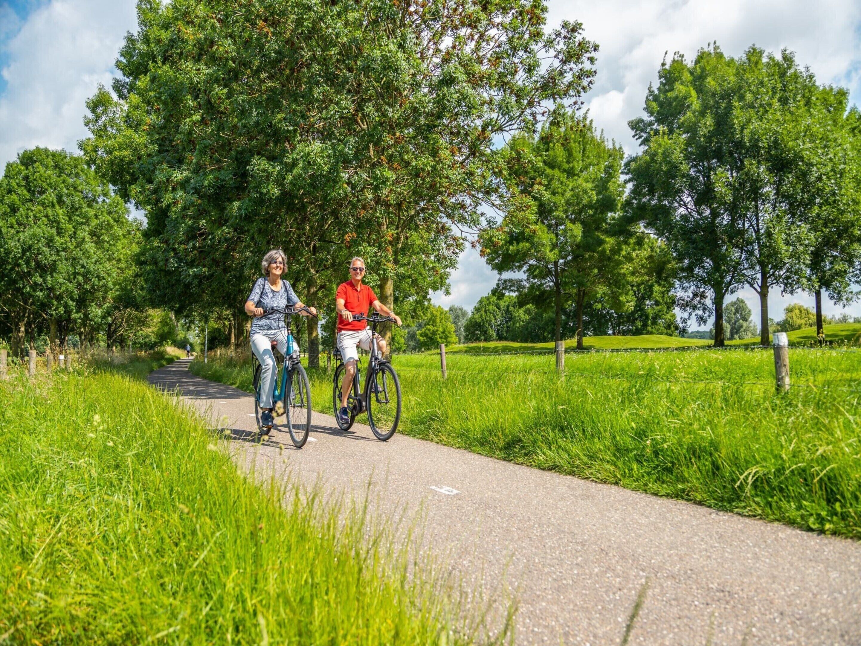 Duas pessoas andando de bicicleta em um caminho pavimentado, cercado por vegetação exuberante e árvores.