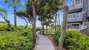 A wooden pathway surrounded by lush greenery and trees, leading to a modern building with balconies.