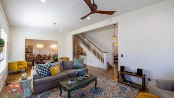 Smart TV, fireplace, books