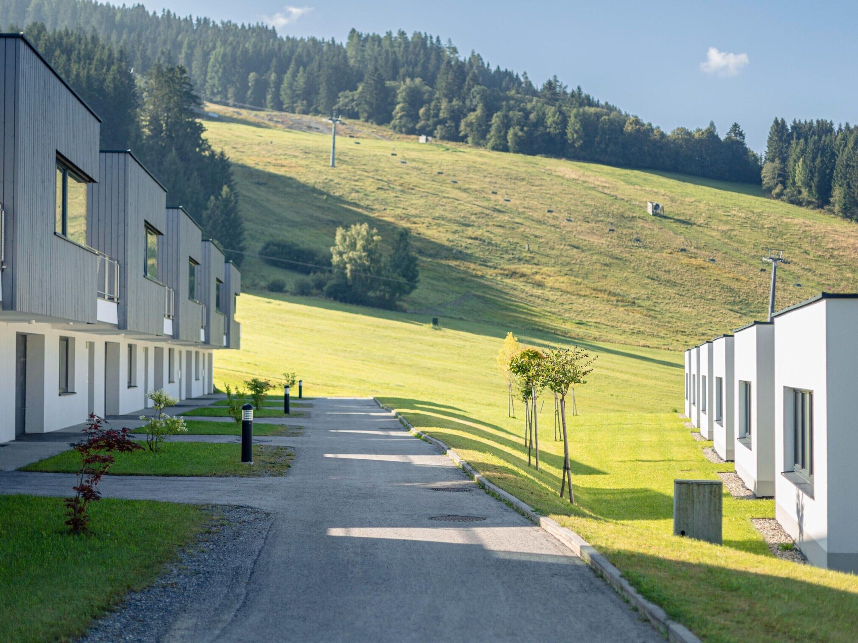 A modern building with a paved pathway leading to a grassy area, surrounded by trees and a hill in the background.