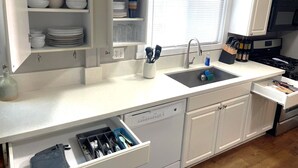 A modern kitchen with white cabinets, a dishwasher, a sink, and a stove.