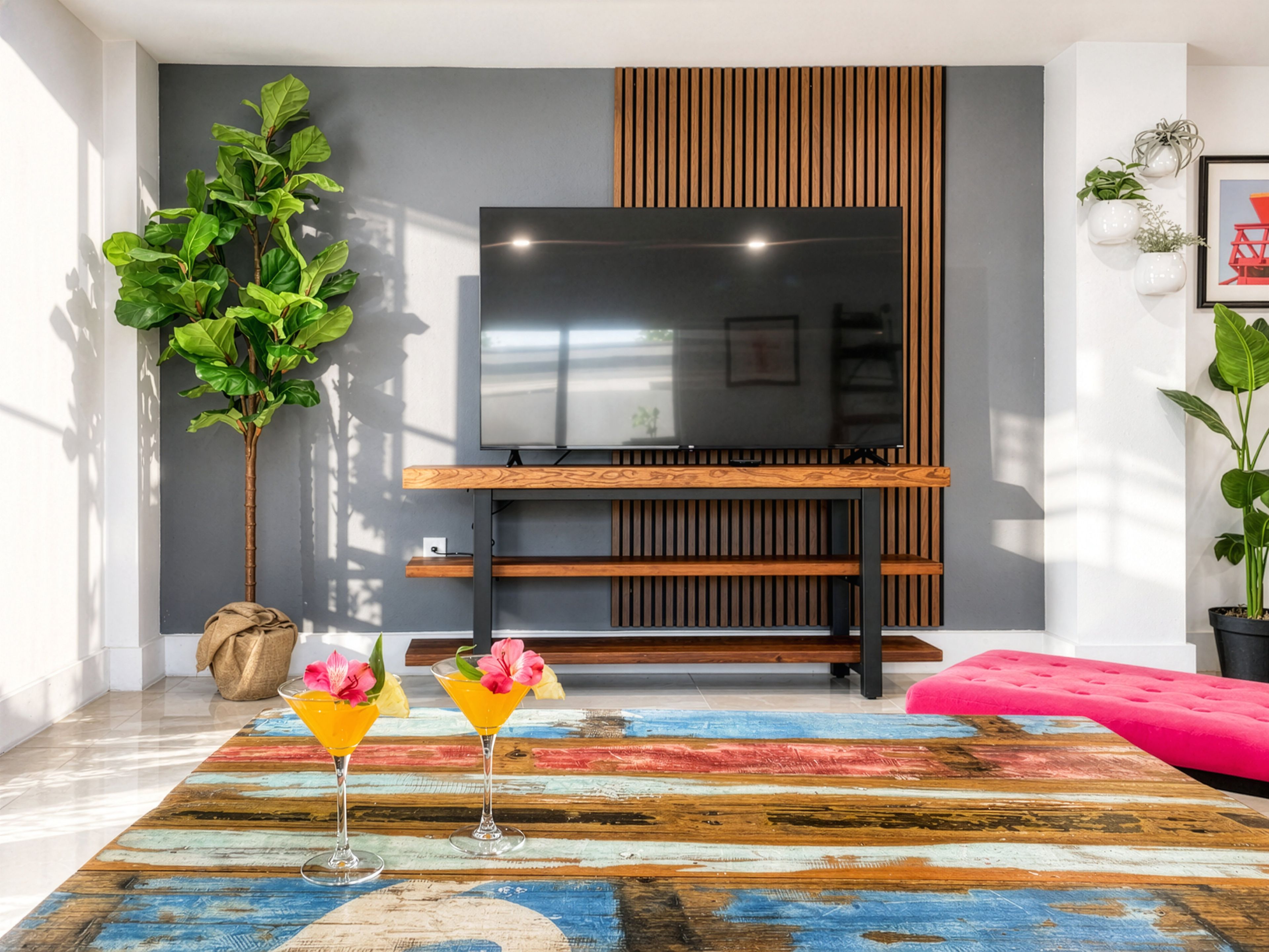 Ein modernes Wohnzimmer mit einem Flachbildfernseher, einem farbenfrohen Teppich und einem pinken Sofa.