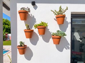 Een wanddecoratie met terracotta potten en verschillende vetplanten en cactussen.