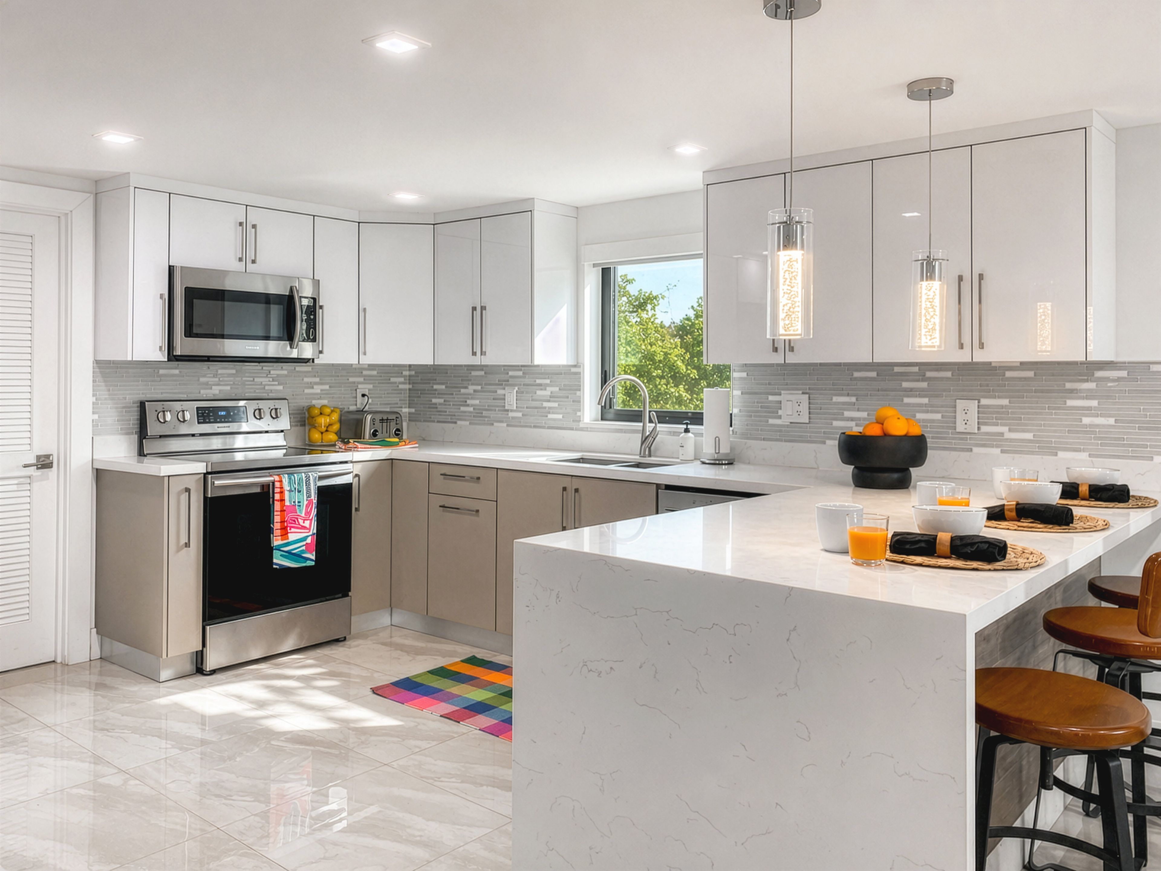 Una cocina moderna con armarios blancos, electrodomésticos de acero inoxidable, una isla grande con taburetes y un tapete colorido.