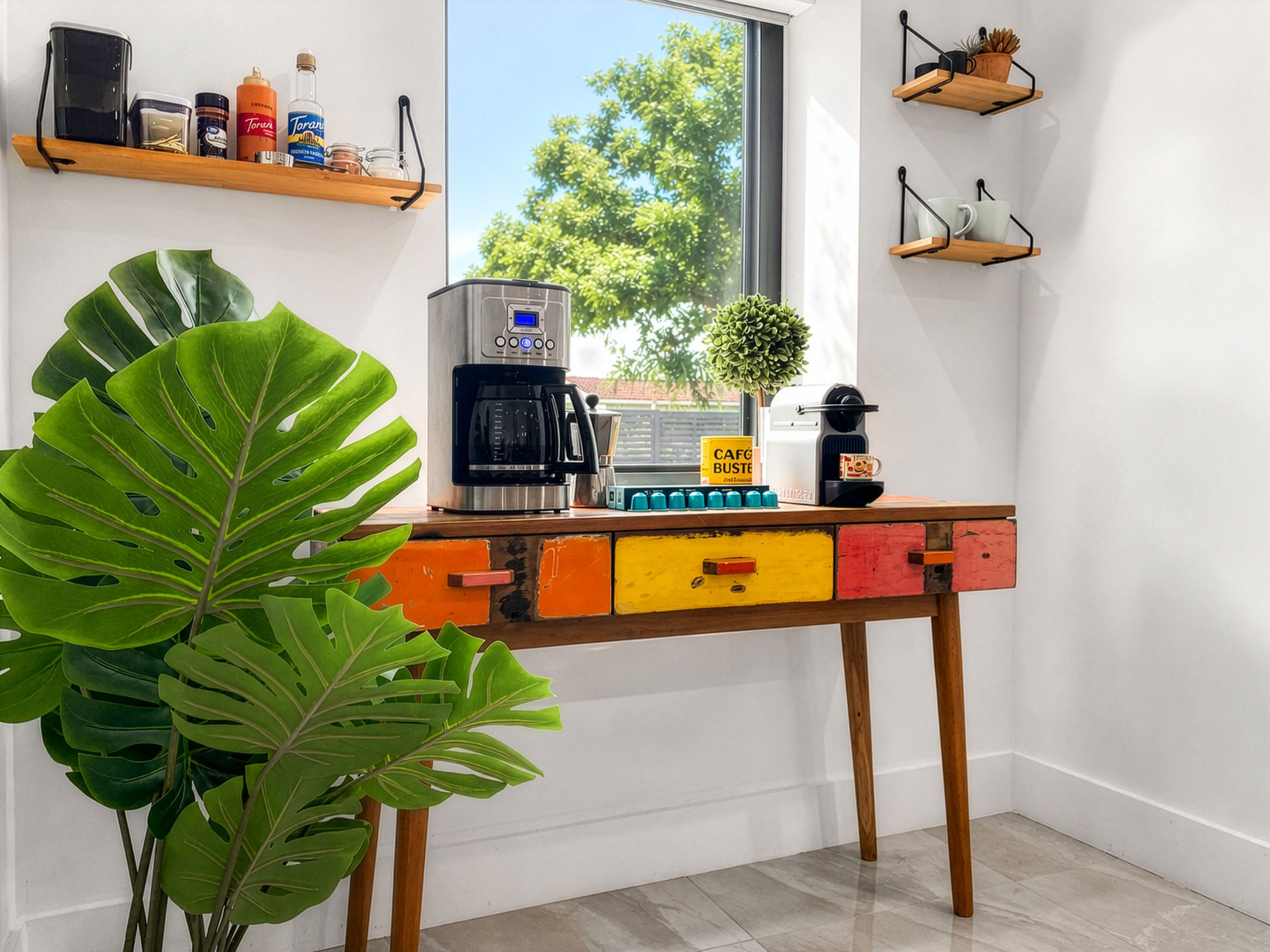 Un coin cuisine équipé d’une machine à café, d’une plante et d’une fenêtre donnant sur des arbres.