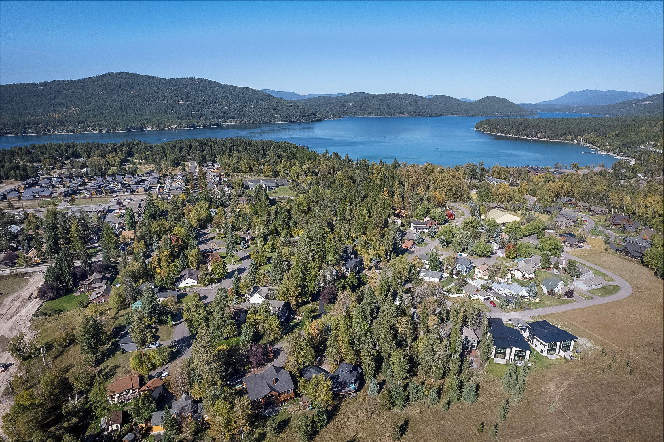 An aerial view of a residential area with houses surrounded by dense forests, a large lake, and distant mountains.